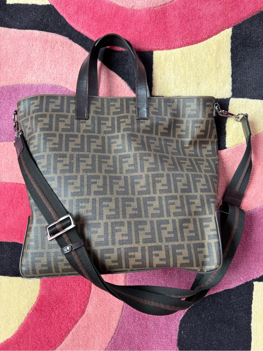 Fendi Zucca FF Monogram Large Tote Bag Coated Brown Canvas with Leather Trim